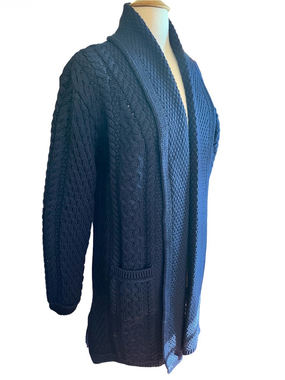 The Irish Store Navy Merino Wool Cable-Knit Open Front Cardigan Size Medium - Picture 3 of 8